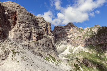 Mountain peaks in the Italian Dolomites with characteristic structure and color