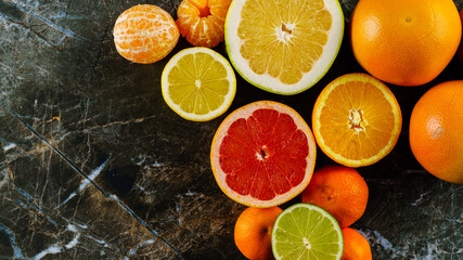 Citrus fruits. Oranges, lime, lemon, mandarins, citrus, pomelo, and grapefruit