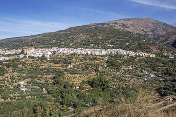 Fototapeta na wymiar View of Lanjaron hanging on a hillside in the Alpujarras area