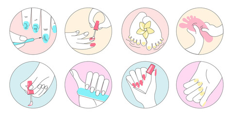 Professional manicure and pedicure procedure round banners