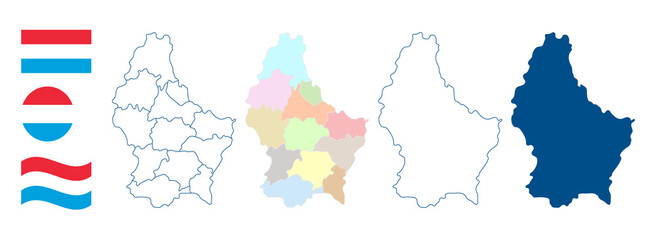 Luxembourg map. Detailed blue outline and silhouette. Administrative divisions and cantons. Country flag. Set of vector maps. All isolated on white background. Template for design and infographics.