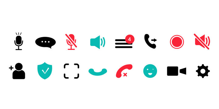 Buttons for videocall, video conference interface. Microphone, chat, message, screenshot, volume and other icons. Set of flat vector video call icons isolated on white background
