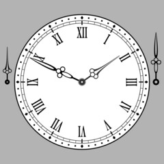 Vintage white watch dial with arrows, roman numerals. Vector illustration