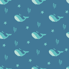 Obraz premium Soft blue color whale seamless pattern. Good for printing on fabric, kid's cloth, linen, fabric, postcard, wallpaper background.