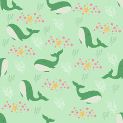 soft green whale seamless pattern.  Good for printing on fabric, kid's cloth, linen, fabric, postcard, wallpaper background.