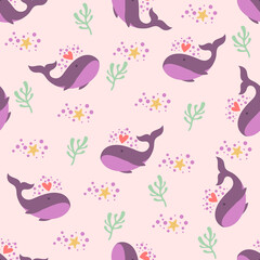 Soft purple whale seamless pattern.  Good for printing on fabric, kid's cloth, linen, fabric, postcard, wallpaper background.