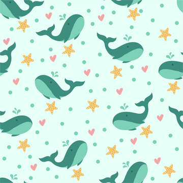 Whale seamless pattern.  Good for printing on fabric, kid's cloth, linen, fabric, postcard, wallpaper background.