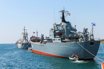 Warships of the Russian Black Sea Fleet are anchored in Sevastopol Bay.