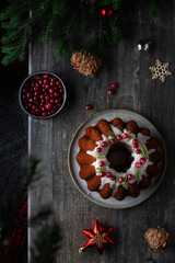 Christmas composition with cake, top view