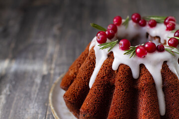 Cranberry cake close-up, copy space