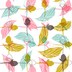 Fototapeta na wymiar Vector floral seamless pattern with rosebuds and leaves. Stylized hand drawn flowers and leaves in pastel colors on white background.