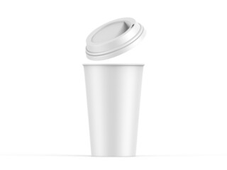White disposable coffee cup with plastic lid, paper cup mockup on isolated white background, 3d illustration