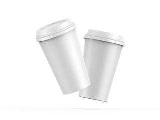 White disposable coffee cup with plastic lid, paper cup mockup on isolated white background, 3d illustration