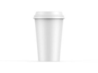 White disposable coffee cup with plastic lid, paper cup mockup on isolated white background, 3d illustration