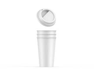 White disposable coffee cup with plastic lid, paper cup mockup on isolated white background, 3d illustration