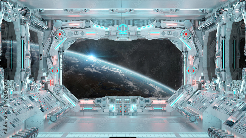 Fototapete white spaceship interior with glowing blue and red lights. futuristic spacecraft with large window v