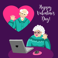 Greeting card for happy Valentines day. Old people met each other on a dating site on Valentine's Day. Pensioners correspond and call up on a conference call.