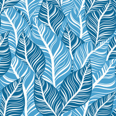 A pattern of blue leaves. Seamless texture with leaves. Banner for the travel and tourism industry, summer season. Blue floral design element, print for fabrics.