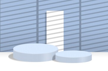 Two empty round pedestals on abstract white and blue background with blinds shadows