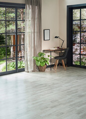 Modern room carpet design working table background, parquet floor, black window and garden view style.