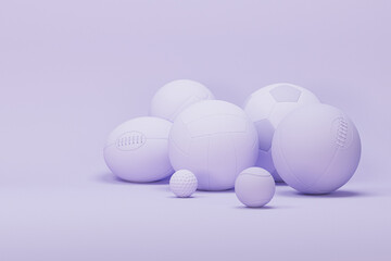 Sport equipment background. Several balls for soccer, American football and tennis, golf. Set of sport items on pastel purple and very peri scene. Trendy 3d render for fitness, lifting in the gym.