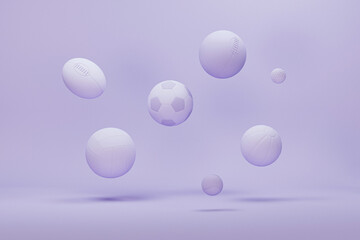 Sport equipment background. Several balls for soccer, American football and tennis, golf. Set of sport items on pastel purple and very peri scene. Trendy 3d render for fitness, lifting in the gym.