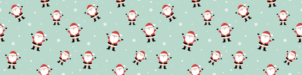 Design of seamless pattern with funny Santa Claus. Panoramic header. Vector