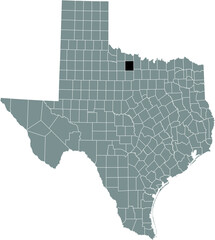 Black highlighted location map of the Archer County inside gray administrative map of the Federal State of Texas, USA