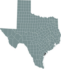 Black highlighted location map of the Aransas County inside gray administrative map of the Federal State of Texas, USA