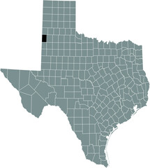 Black highlighted location map of the Bailey County inside gray administrative map of the Federal State of Texas, USA