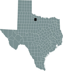 Black highlighted location map of the Baylor County inside gray administrative map of the Federal State of Texas, USA