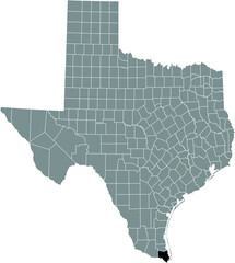 Black highlighted location map of the Cameron County inside gray administrative map of the Federal State of Texas, USA