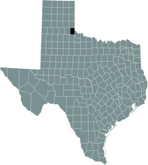 Black highlighted location map of the Childress County inside gray administrative map of the Federal State of Texas, USA