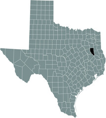 Black highlighted location map of the Cherokee County inside gray administrative map of the Federal State of Texas, USA