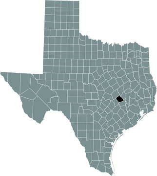 Black highlighted location map of the Burleson County inside gray administrative map of the Federal State of Texas, USA