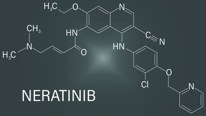 Neratinib breast cancer drug molecule. Skeletal formula.