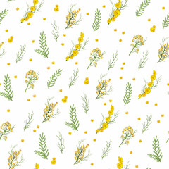 realistic seamless pattern with yellow mimosa flower, grass.  a hand-drawn botanical pattern in a minimalist style. spring art wallpaper for print, paper. vector art  illustration.