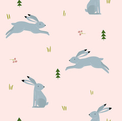 Printю Vector background with hares. Pink pattern. Spring background. Hares in the forest. Can be printed on fabric, paper.