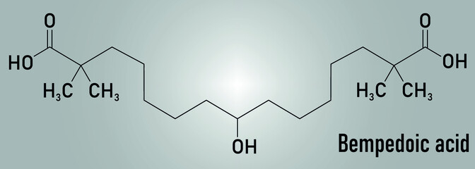 Bempedoic acid hypercholesterolemia drug molecule. ATP-citrate lyase inhibitor. Skeletal formula.