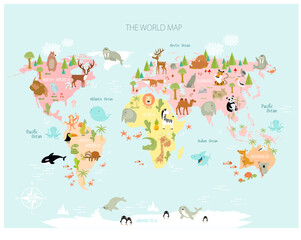 Printю Vector map of the world with cartoon animals for kids. Europe, Asia, South America, North America, Australia, Africa. Lion, crocodile, kangaroo. koala, whale, bear, elephant, shark, snake, touc - 474862628
