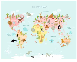 Druckenю Vektorkarte der Welt mit Zeichentricktieren für Kinder. Europa, Asien, Südamerika, Nordamerika, Australien, Afrika. Löwe, Krokodil, Känguru. Koala, Wal, Bär, Elefant, Hai, Schlange, Tuc © olga