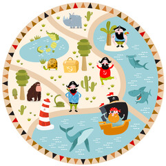 Print. Vector tropical maze with animals and pirates. Cartoon tropical animals. African animals. Cartoon cute pirates. A game for children. Children's play mat.