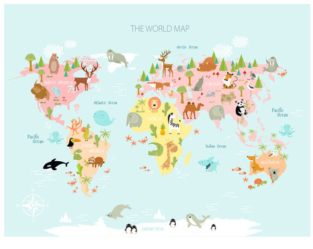 Printю Vector map of the world with cartoon animals for kids. Europe, Asia, South America, North America, Australia, Africa. Lion, crocodile, kangaroo. koala, whale, bear, elephant, shark, snake, touc