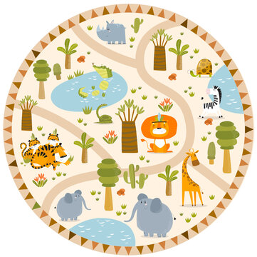 Print. Vector tropical maze with animals in safari park. Cartoon tropical animals. African animals. Road in a safari park. Game for children. Children's play mat.
