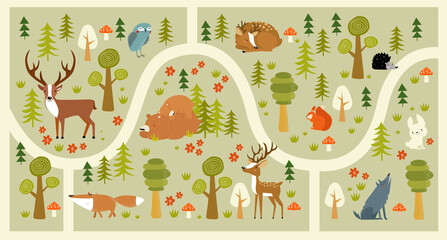 Print. Vector forest maze with animals. Cartoon Forest Animals. Path in the forest. Game for children. Children's play mat.
