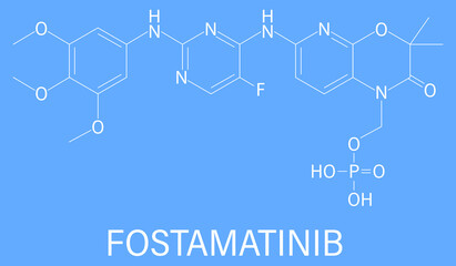 Fostamatinib rheumatoid arthritis drug molecule. Syk inhibitor. Skeletal formula.