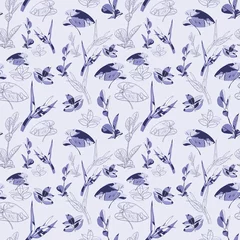 Afwasbaar behang Naadloze natuurlijke patroon met lila bladeren. Zeer Peri-kleur van 2022. © Ekaterina Kaiurova