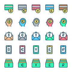 Filled outline icons for finance currency.