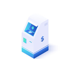 ATM icon illustration in isometric vector design. Futuristic automated teller machine object isolated on white background. Cash machine or money withdrawal device.