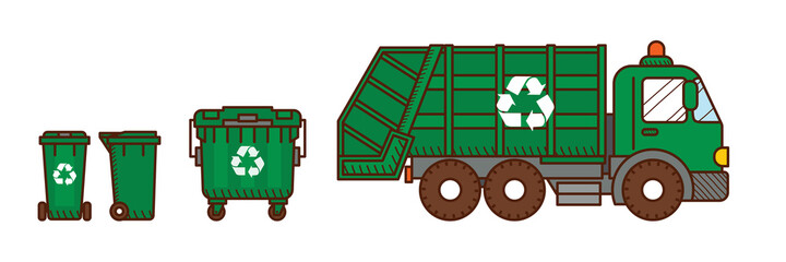 Garbage truck and green recycle garbage bins - 474863483